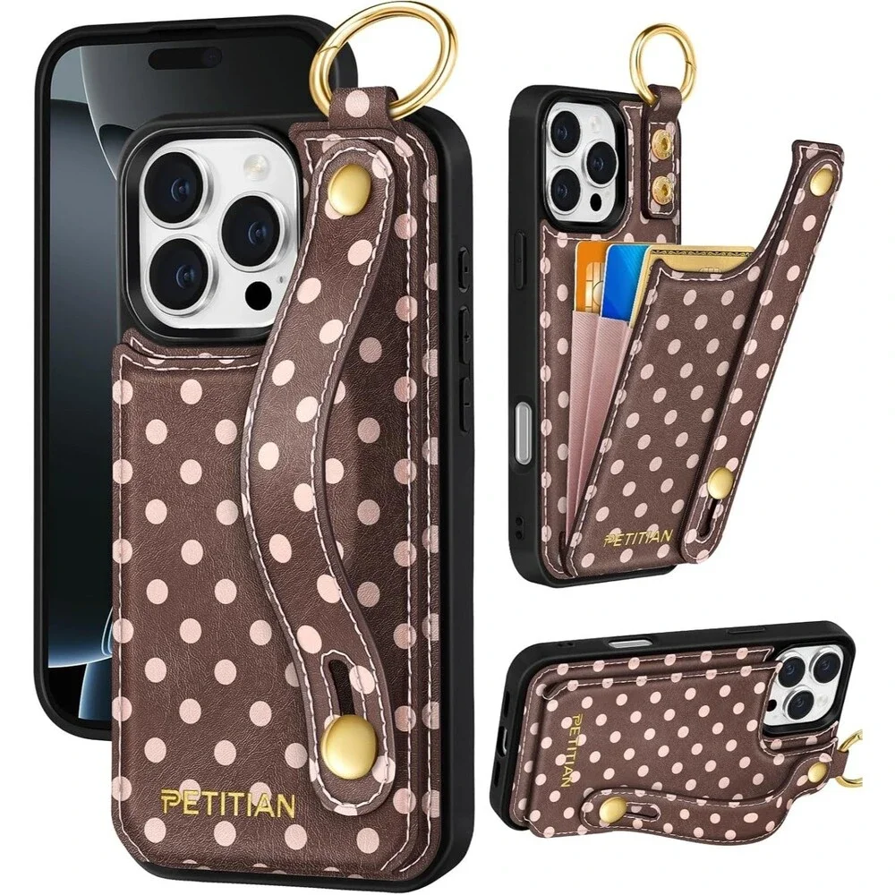 iPhone 16 Pro Max Wallet Case Cute Girly Brown Polka Dot Leather Card Holder